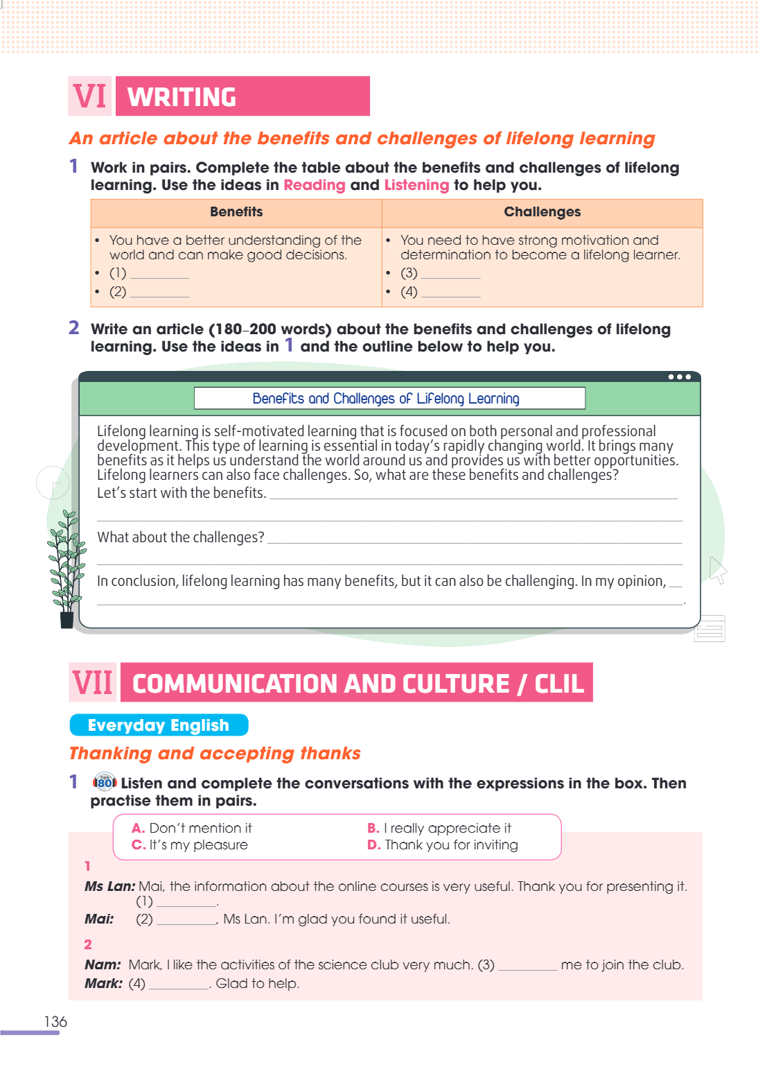 VI Writing An article about the benefits and challenges of lifelong learning 1 Work in pairs. Complete the table about the benefits and challenges of lifelong l