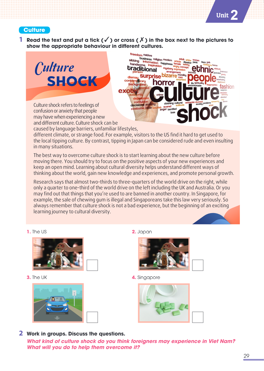 Unit2 Culture 1 Read the text and put a tick (✓) or cross (✗) in the box next to the pictures to show the appropriate behaviour in different cultures. Culture s