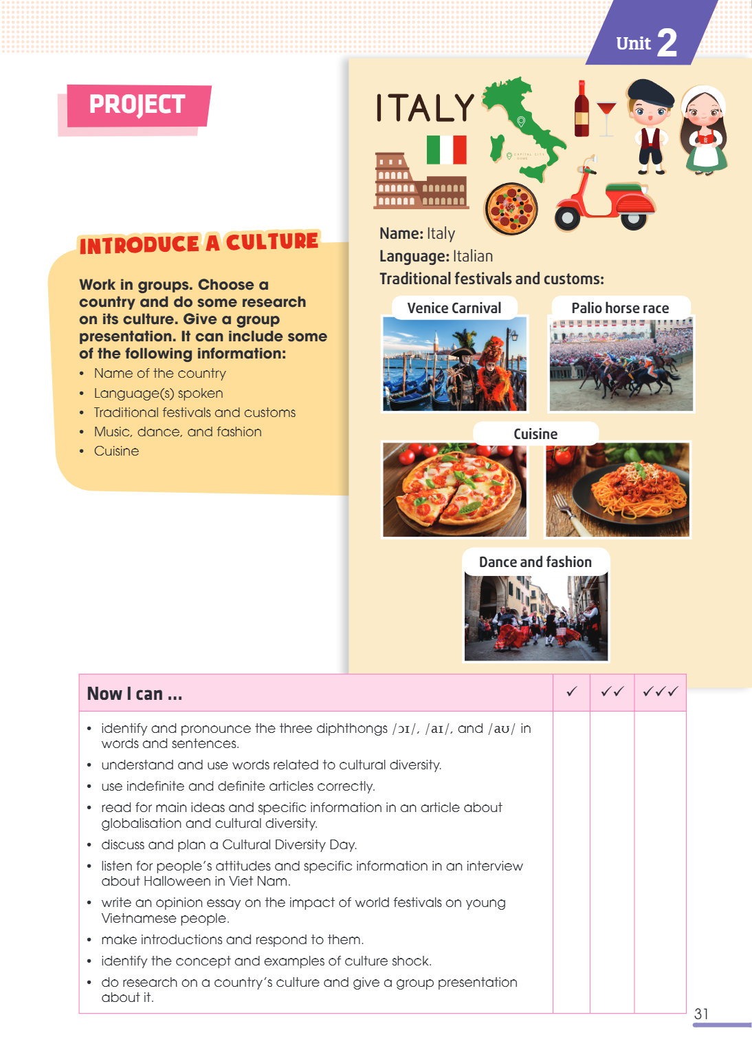 Unit2 Project INTRODUCE A CULTURE Name: Italy Language: Italian country and do some research Venice Carnival Palio horse race Work in groups. Choose a Tradition