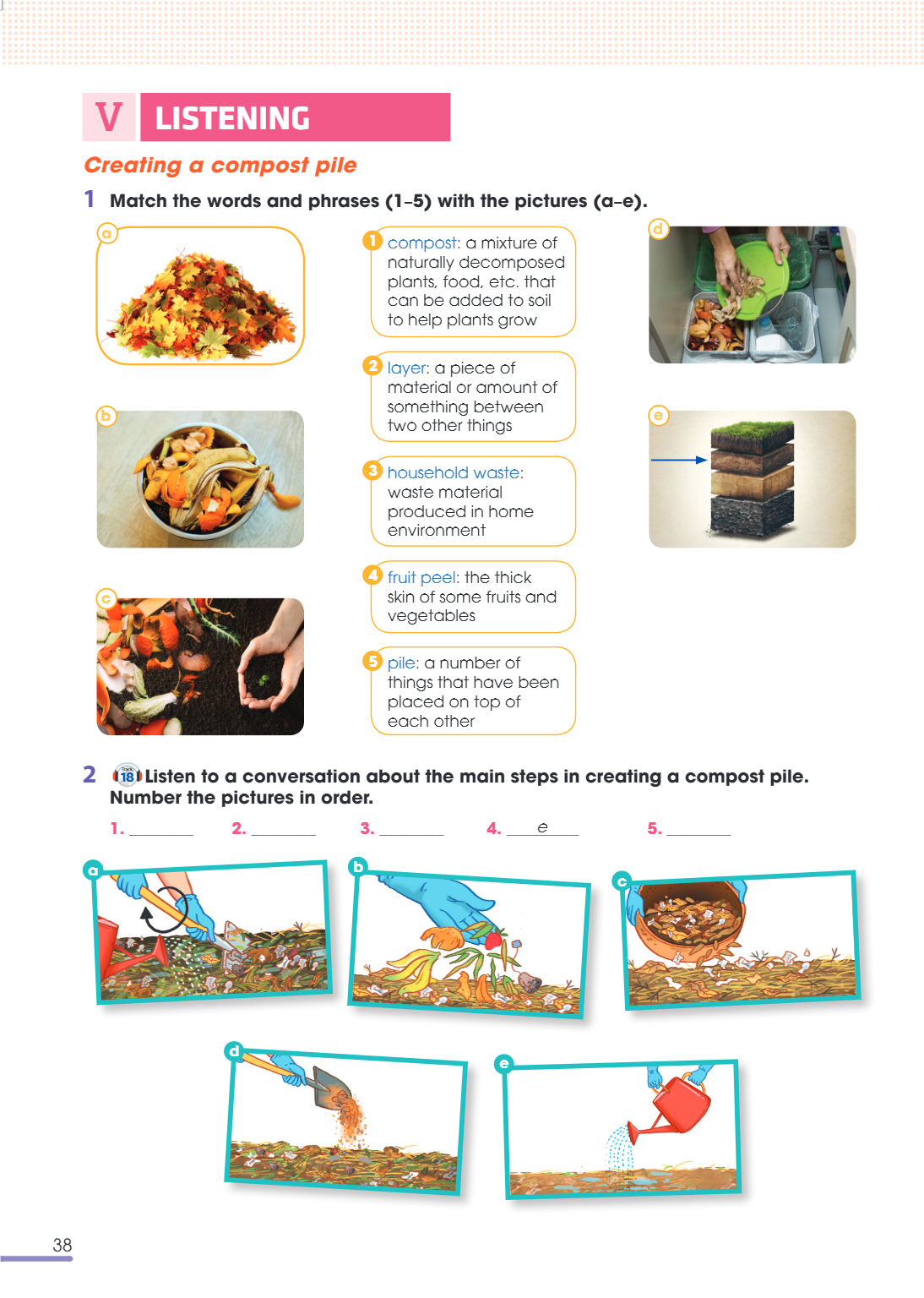 V listening Creating a compost pile 1 Match the words and phrases (1-5) with the pictures (a-e). a d 1 compost: a mixture of naturally decomposed plants, food, 