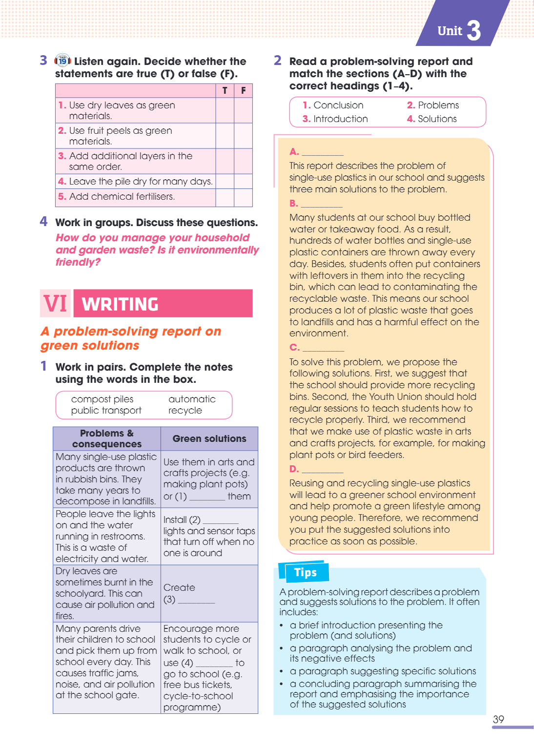 VI Writing A problem-solving report on green solutions 1 Work in pairs. Complete the notes using the words in the box. compost piles automatic public transport 