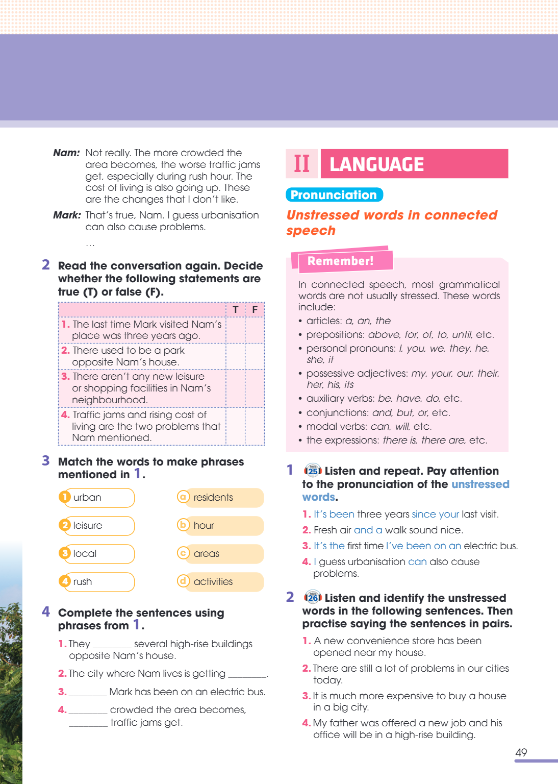 II LANGUAGE Pronunciation Unstressed words in connected speech Remember! In connected speech, most grammatical words are not usually stressed. These words inclu