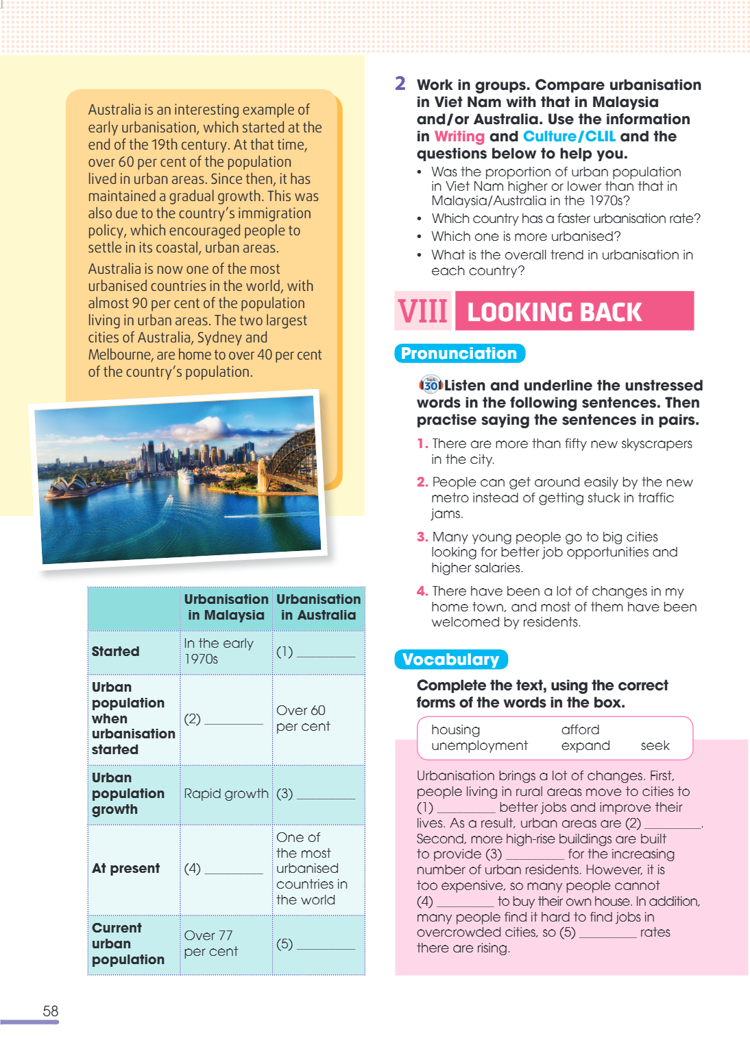 VIII LOOKING BACK Pronunciation TRACK 30 Listen and underline the unstressed words in the following sentences. Then practise saying the sentences in pairs. Ther
