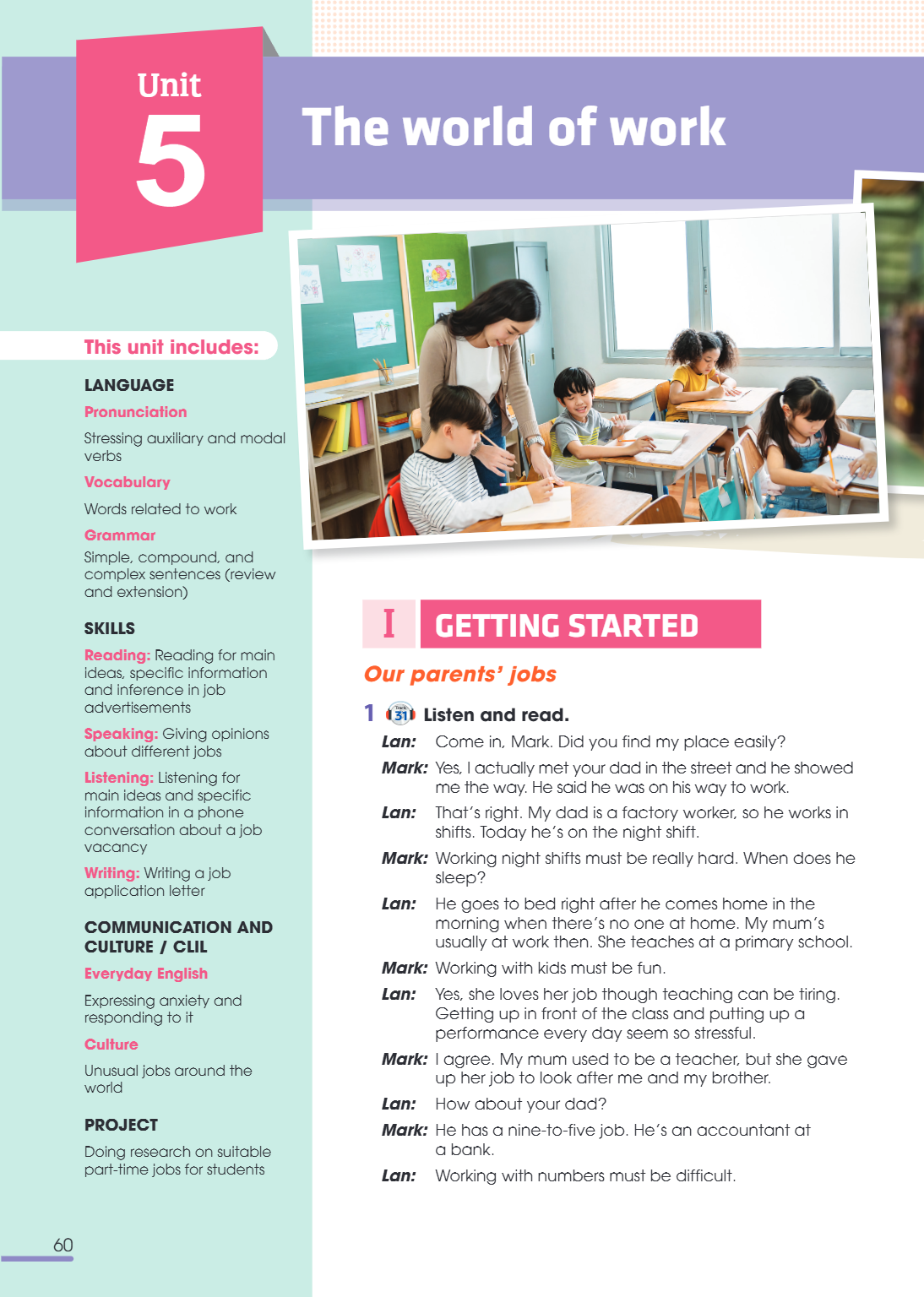 Unit 5. THE WORLD OF WORK This unit includes: LANGUAGE Pronunciation Stressing auxiliary and modal verbs Vocabulary Words related to work Grammar Simple, compou