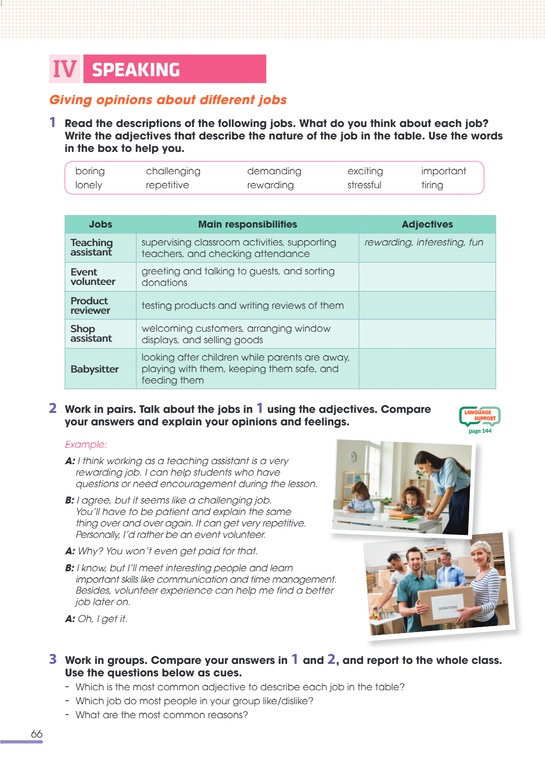 IV SPEAKING Giving opinions about different jobs 1. Read the descriptions of the following jobs. What do you think about each job? Write the adjectives that des