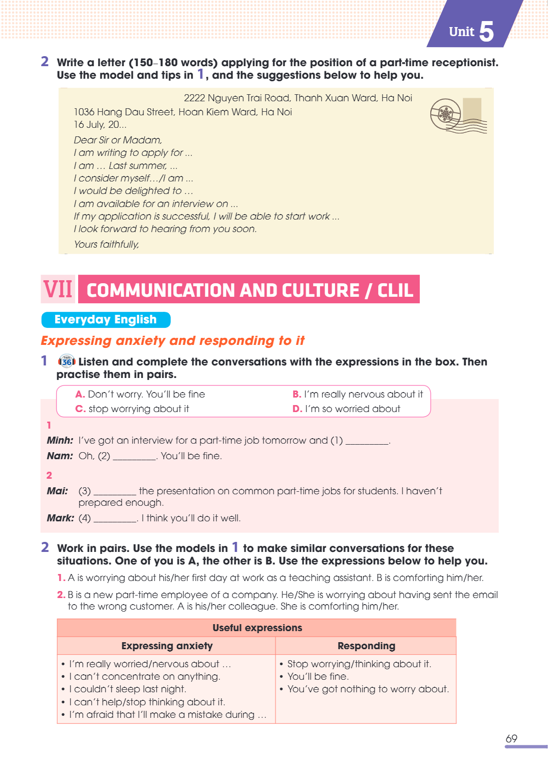 VII Communication and culture / clil Everyday English Expressing anxiety and responding to it 1 Listen and complete the conversations with the expressions in th
