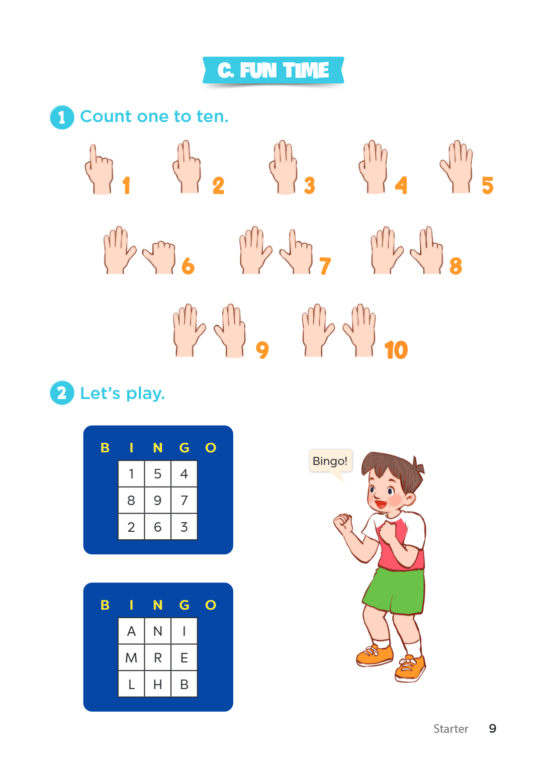 C. FUN TIME 1. Count one to ten. 1 2 3 4 5 6 7 8 9 10 2. Let's play. B I N G O 1, 5, 4 8, 9, 7 2, 6, 3 Bingo! B I N G O A, N, I M, R, E L, H, B