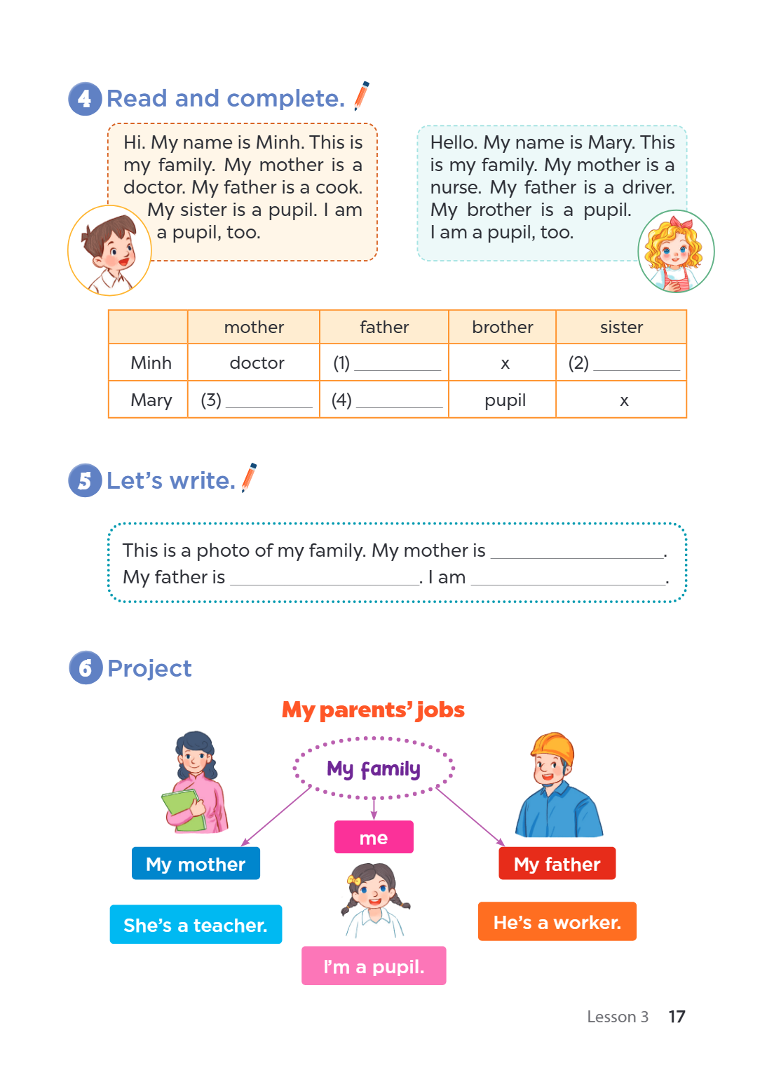 4. Read and complete. Hi. My name is Minh. This is my family. My mother is a doctor. My father is a cook. My sister is a pupil. I am a pupil, too. Hello. My nam