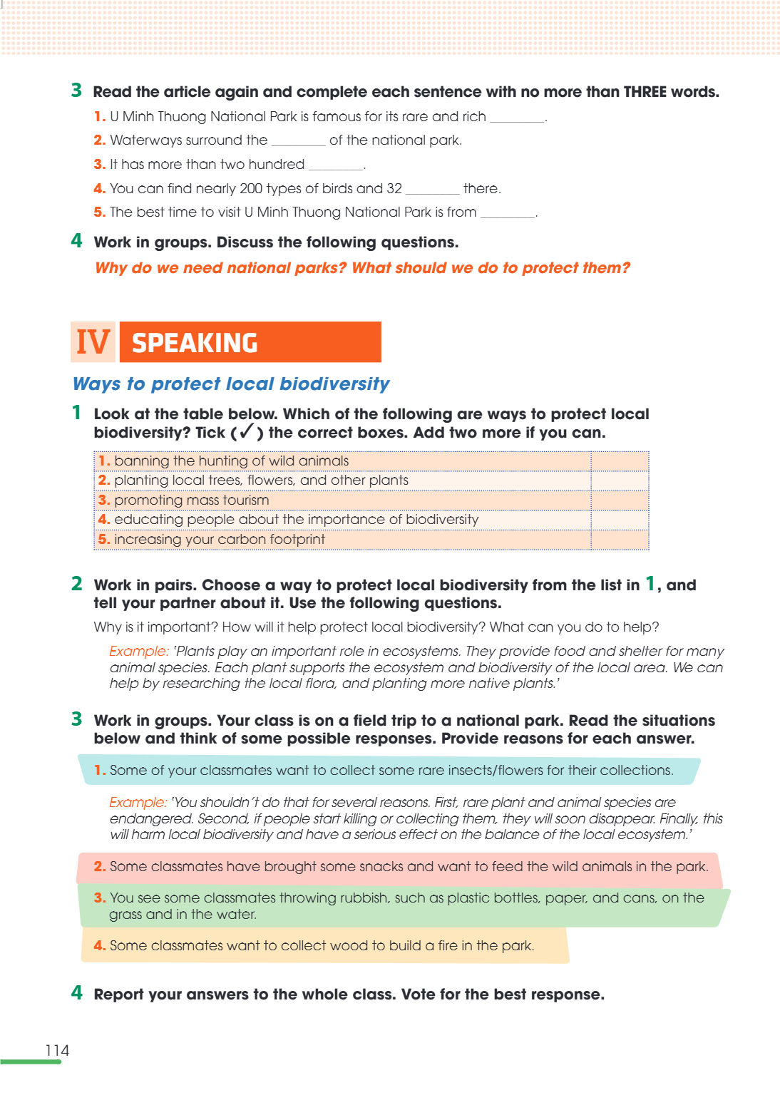 IV speaking Ways to protect local biodiversity 1 Look at the table below. Which of the following are ways to protect local biodiversity? Tick (✓) the correct bo