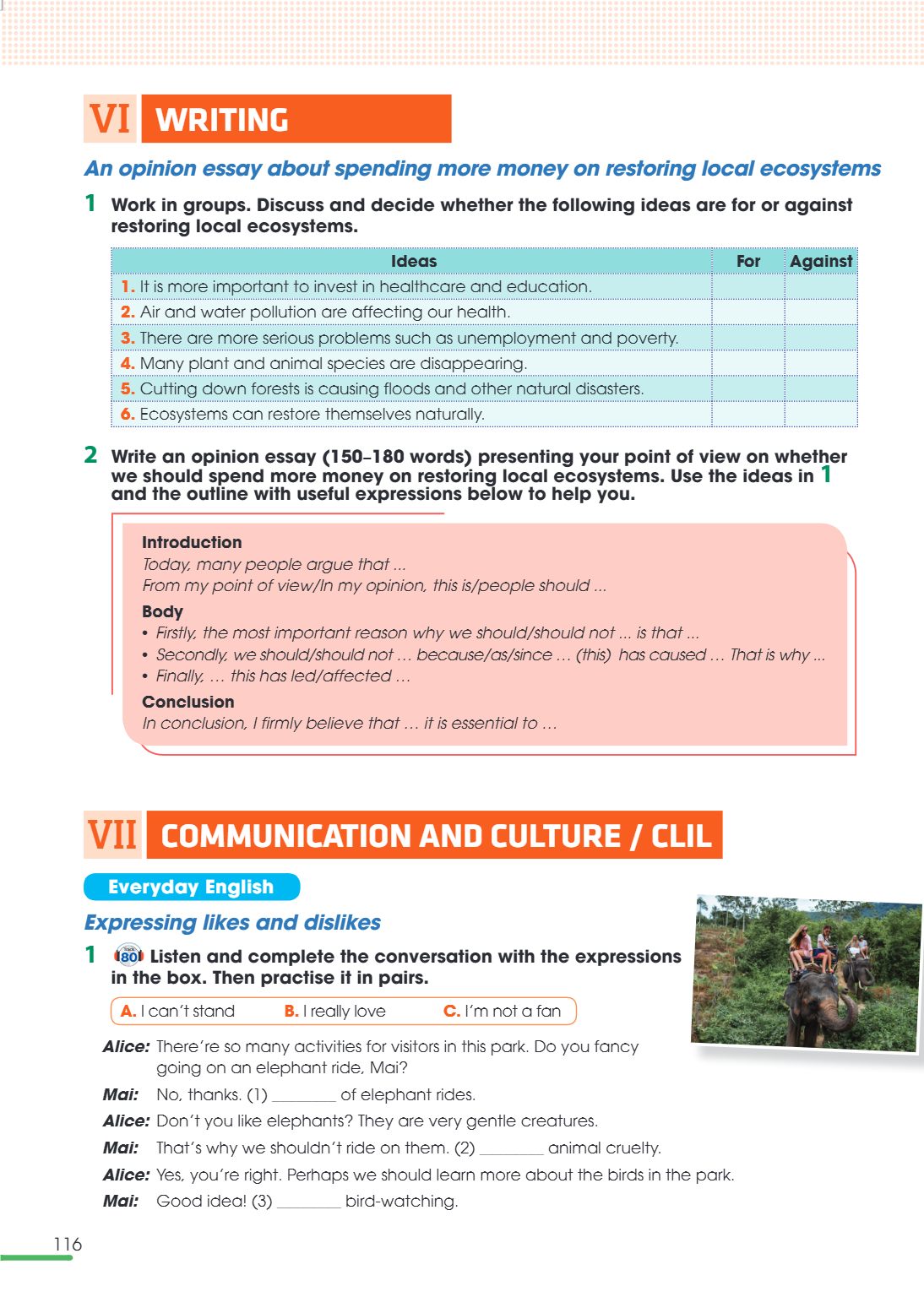 VII Communication and culture / clil Everyday English Expressing likes and dislikes 1 Listen and complete the conversation with the expressions Track in the box