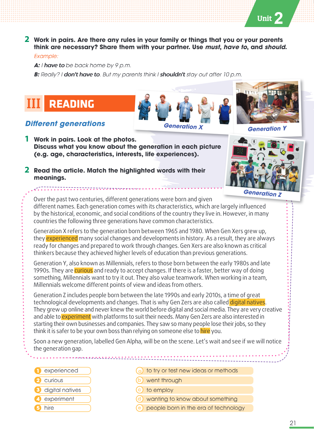 III reading Different generations Generation X Generation Y 1 Work in pairs. Look at the photos. Discuss what you know about the generation in each picture (e.g
