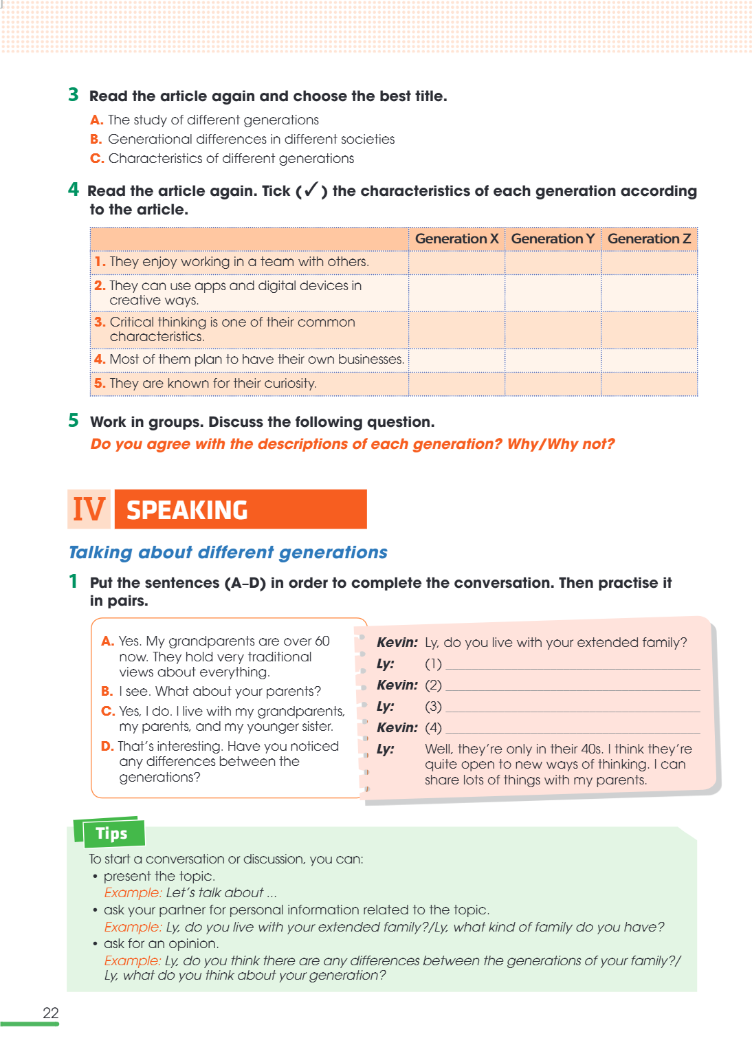 IV SPEAKING Talking about different generations 1. Put the sentences (A–D) in order to complete the conversation. Then practise it in pairs. A. Yes. My grandpar