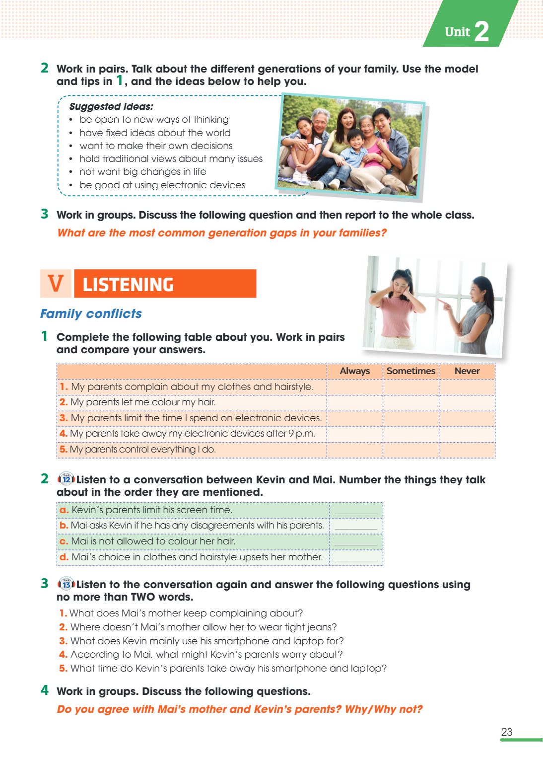 V LISTENING Family conflicts 1. Complete the following table about you. Work in pairs and compare your answers. Always, Sometimes, Never 1. My parents complain 