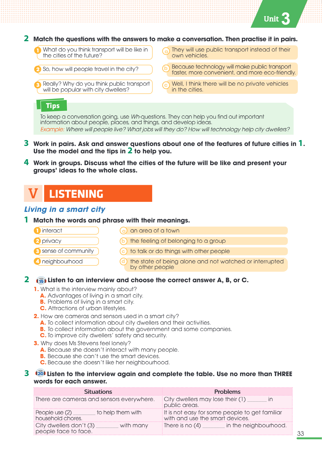 V listening Living in a smart city 1 Match the words and phrase with their meanings. 1 interact, a an area of a town 2 privacy, b the feeling of belonging to a 