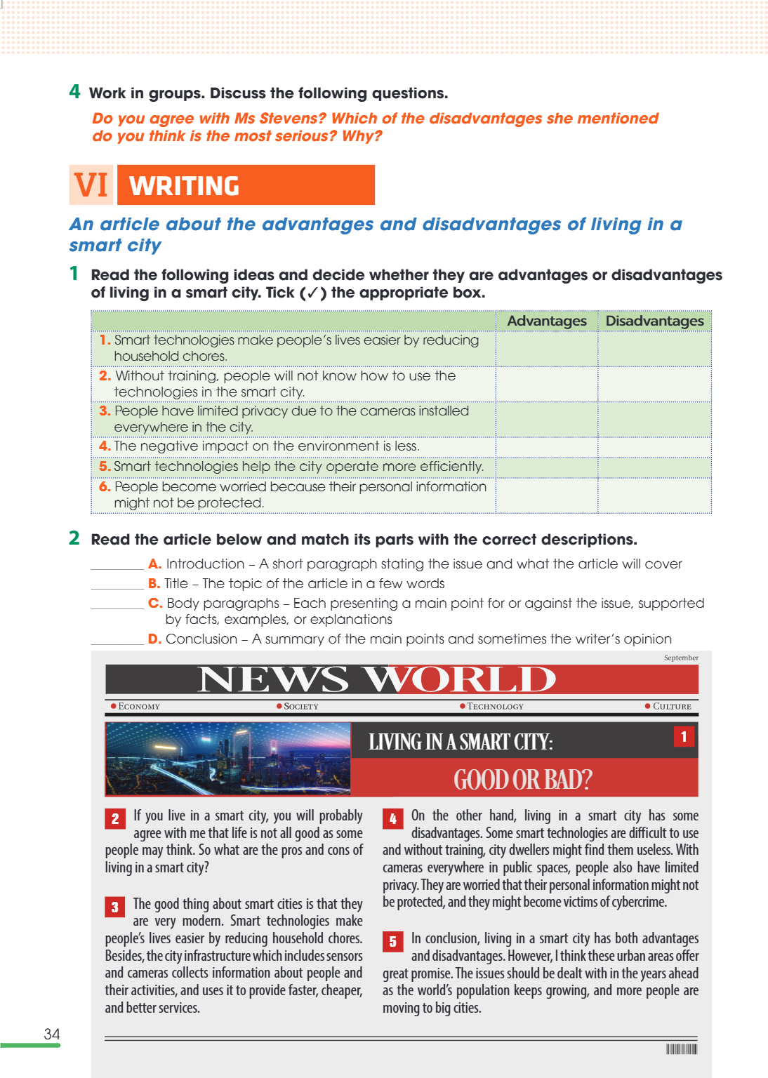 VI writing An article about the advantages and disadvantages of living in a smart city 1 Read the following ideas and decide whether they are advantages or disa
