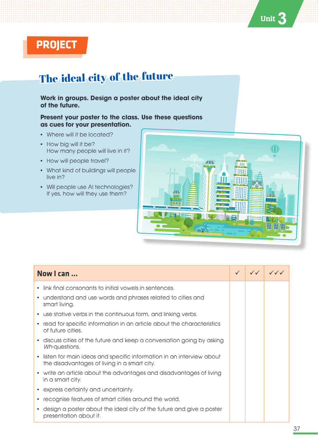 Unit3 Project The ideal city of the future Work in groups. Design a poster about the ideal city of the future. Present your poster to the class. Use these quest