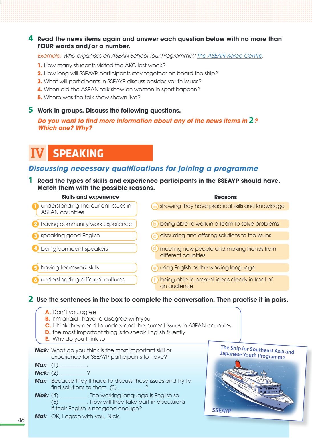 IV speaking Discussing necessary qualifications for joining a programme 1 Read the types of skills and experience participants in the SSEAYP should have. Match 