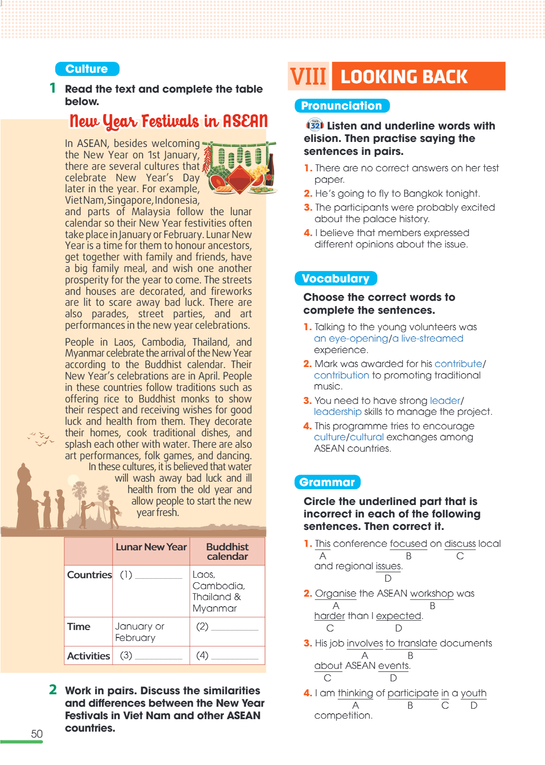 VIII Looking back Pronunciation in Asean Listen and underline words with Track elision. Then practise saying the sentences in pairs. There are no correct answer