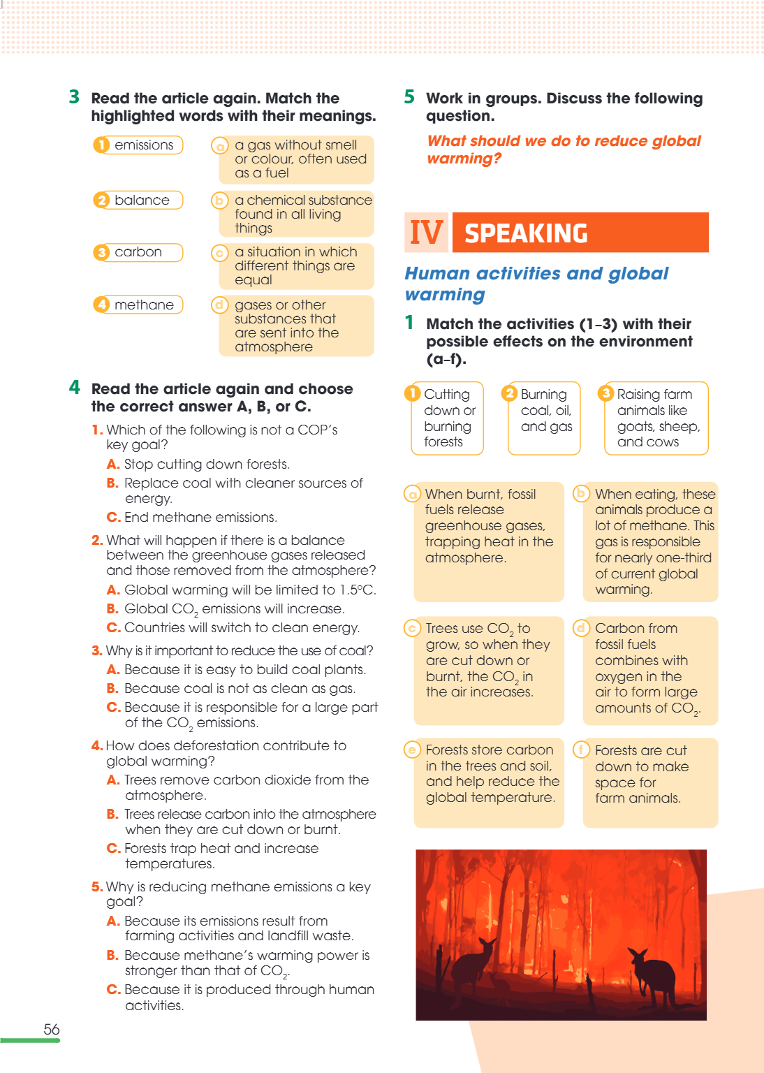 IV SPEAKING Human activities and global warming 1. Match the activities (1–3) with their possible effects on the environment (a–f). 1 Cutting down or burning fo