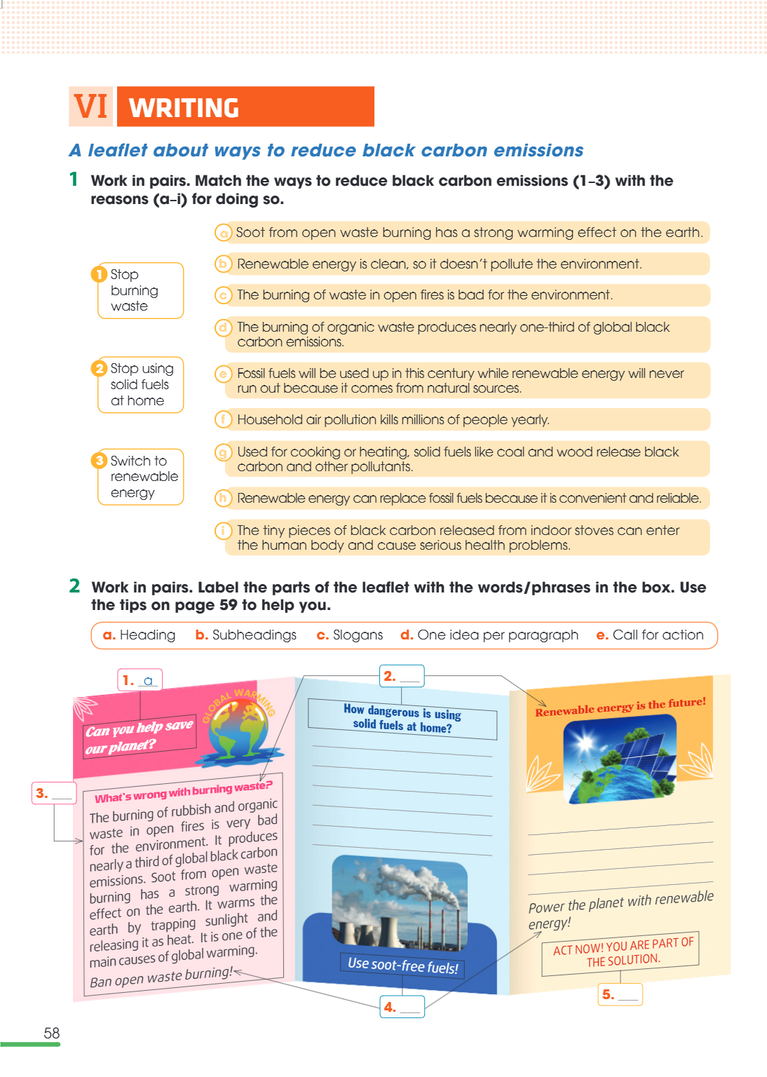 VI WRITING A leaflet about ways to reduce black carbon emissions 1. Work in pairs. Match the ways to reduce black carbon emissions (1–3) with the reasons (a–i) 