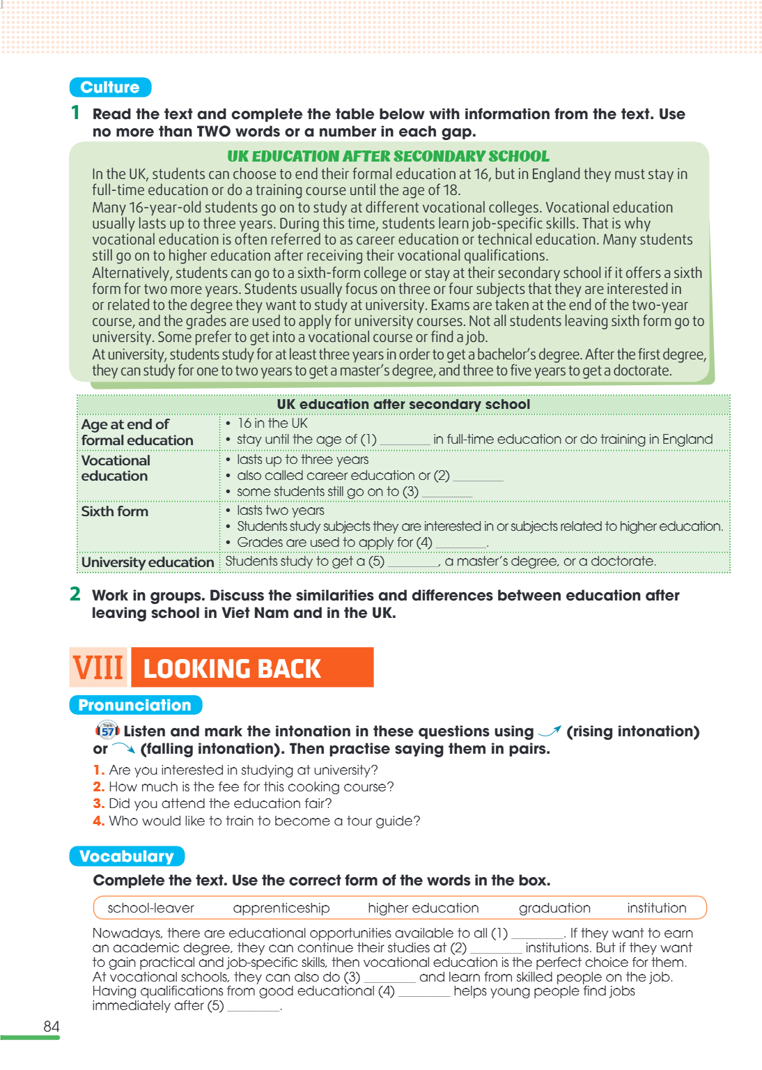 VIII Looking back Pronunciation Listen and mark the intonation in these questions using (rising intonation) Track or (falling intonation). Then practise saying 