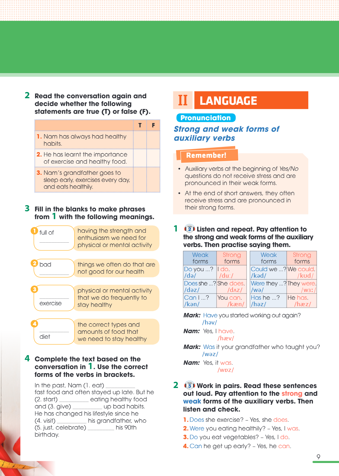 II LANGUAGE Pronunciation Strong and weak forms of auxiliary verbs Remember! Auxiliary verbs at the beginning of Yes/No questions do not receive stress and are 