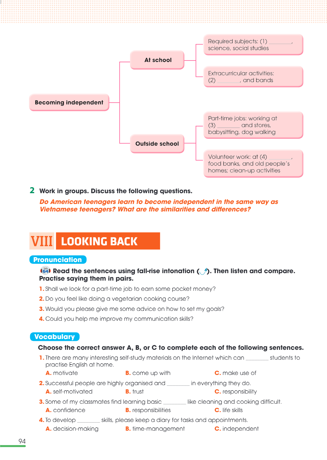 VIII LOOKING BACK Pronunciation 64 Read the sentences using fall-rise intonation (↗). Then listen and compare. Practise saying them in pairs. Shall we look for 