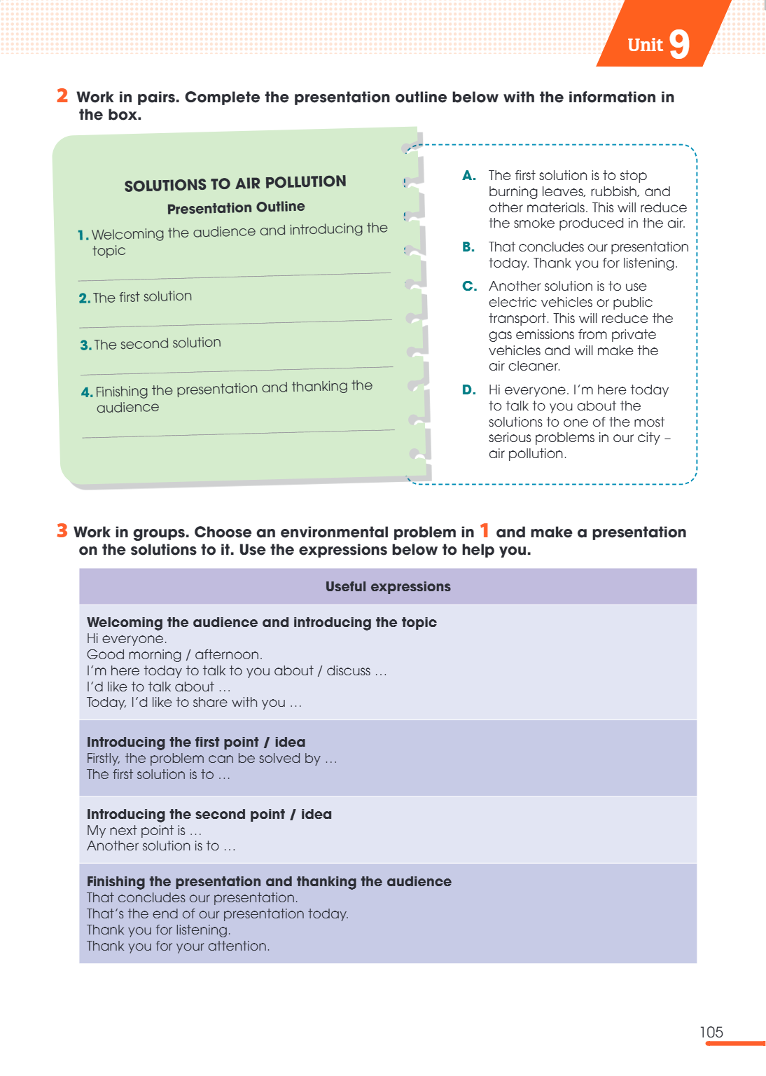 Unit 9. 2. Work in pairs. Complete the presentation outline below with the information in the box. SOLUTIONS TO AIR POLLUTION Presentation Outline Welcoming the