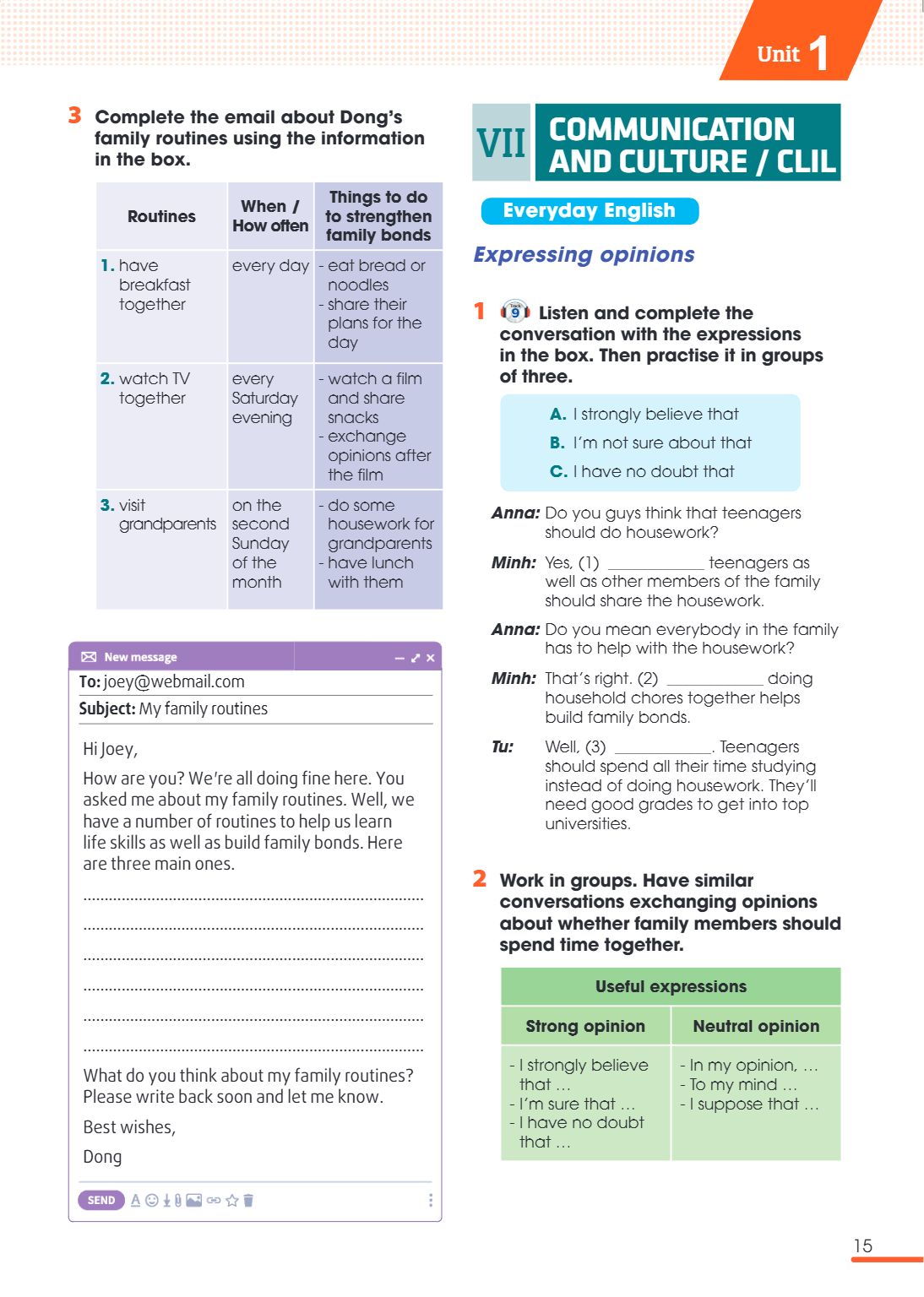VII COMMUNICATION AND CULTURE / CLIL Everyday English Expressing opinions 1 Listen and complete the conversation with the expressions in the box. Then practise 