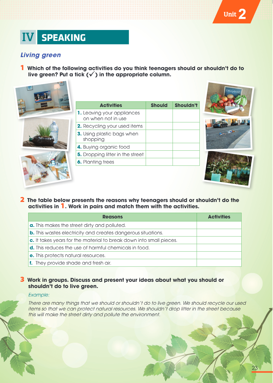 Unit22 IV speaking Living green 1 Which of the following activities do you think teenagers should or shouldn't do to live green? Put a tick () in the appropria