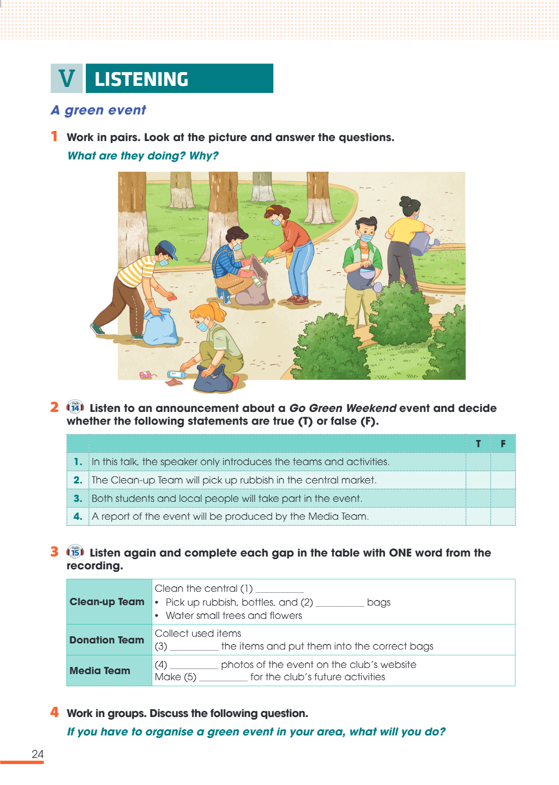 V. LISTENING A green event 1. Work in pairs. Look at the picture and answer the questions. What are they doing? Why? 2. Listen to an announcement about a Go Gre