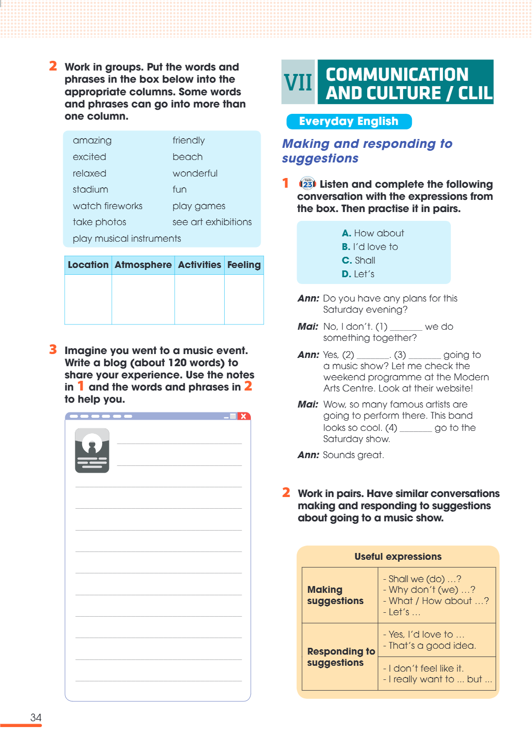 VII COMMUNICATION AND CULTURE / CLIL Everyday English Making and responding to suggestions 1. [Track 25] Listen and complete the following conversation with the