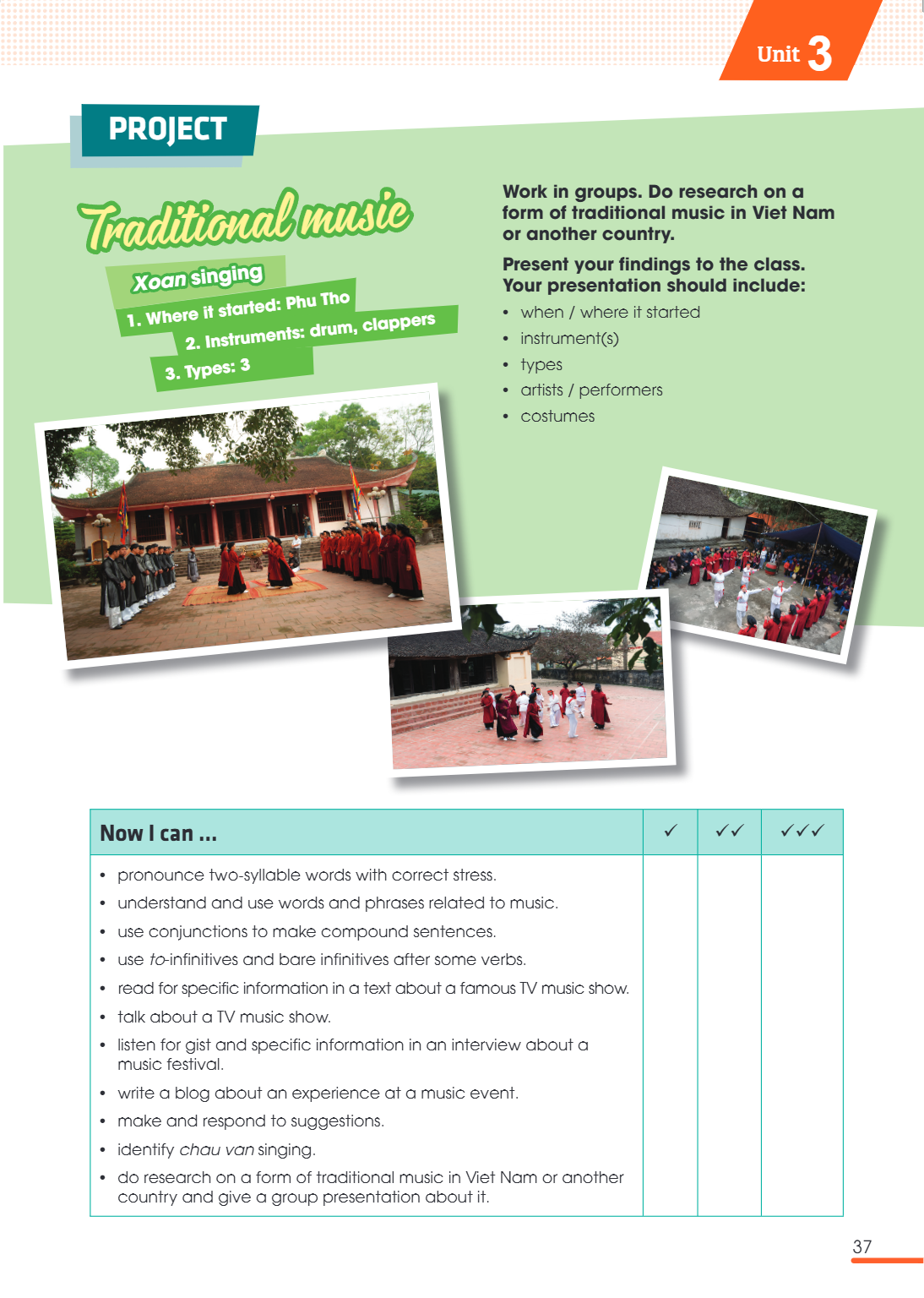 Unit 3 PROJECT Traditional music Xoan singing Where it started: Phu Tho Instruments: drum, clappers Types: 3 Work in groups. Do research on a form of traditiona