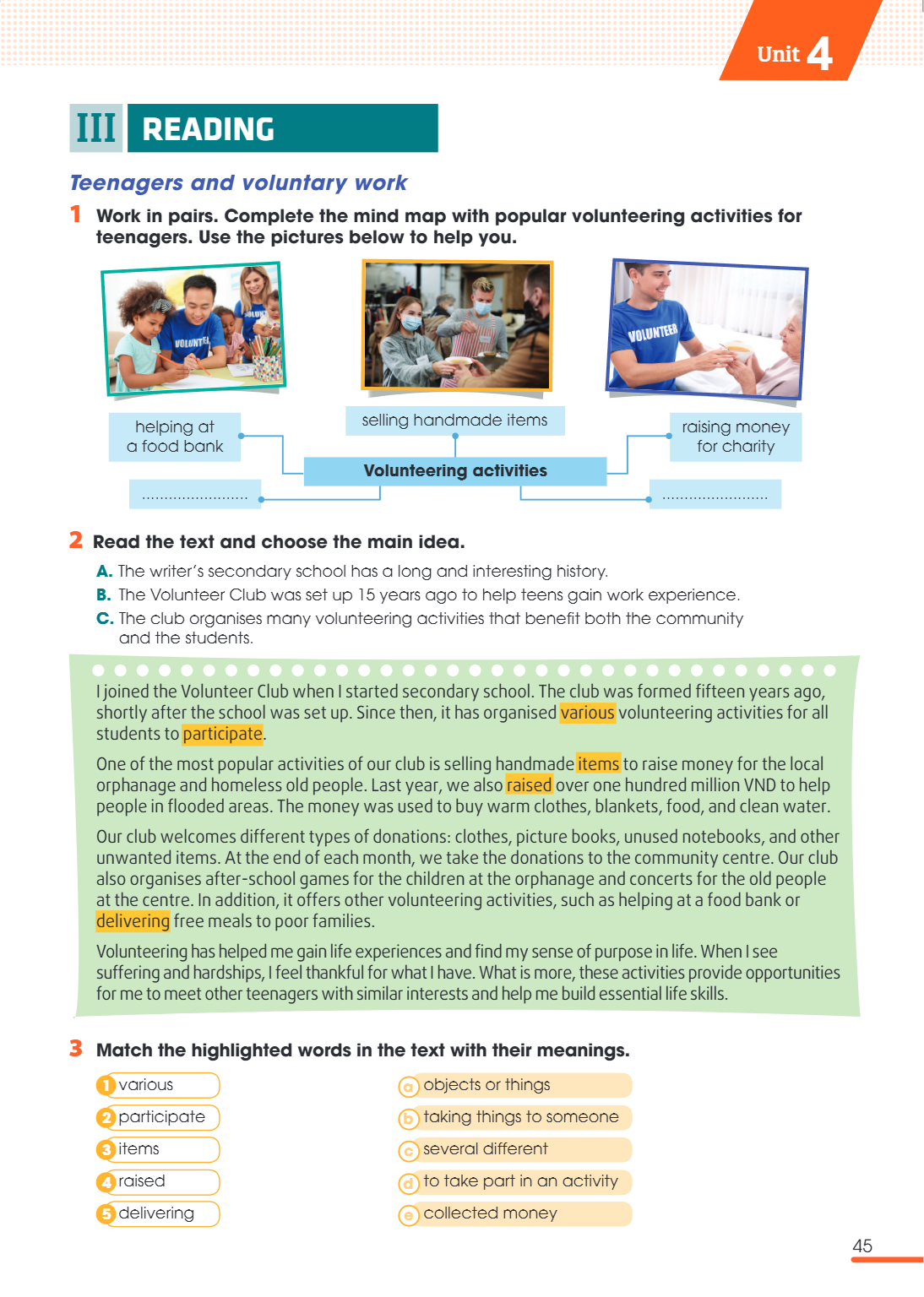 Unit4 III reading Teenagers and voluntary work 1 Work in pairs. Complete the mind map with popular volunteering activities for teenagers. Use the pictures below