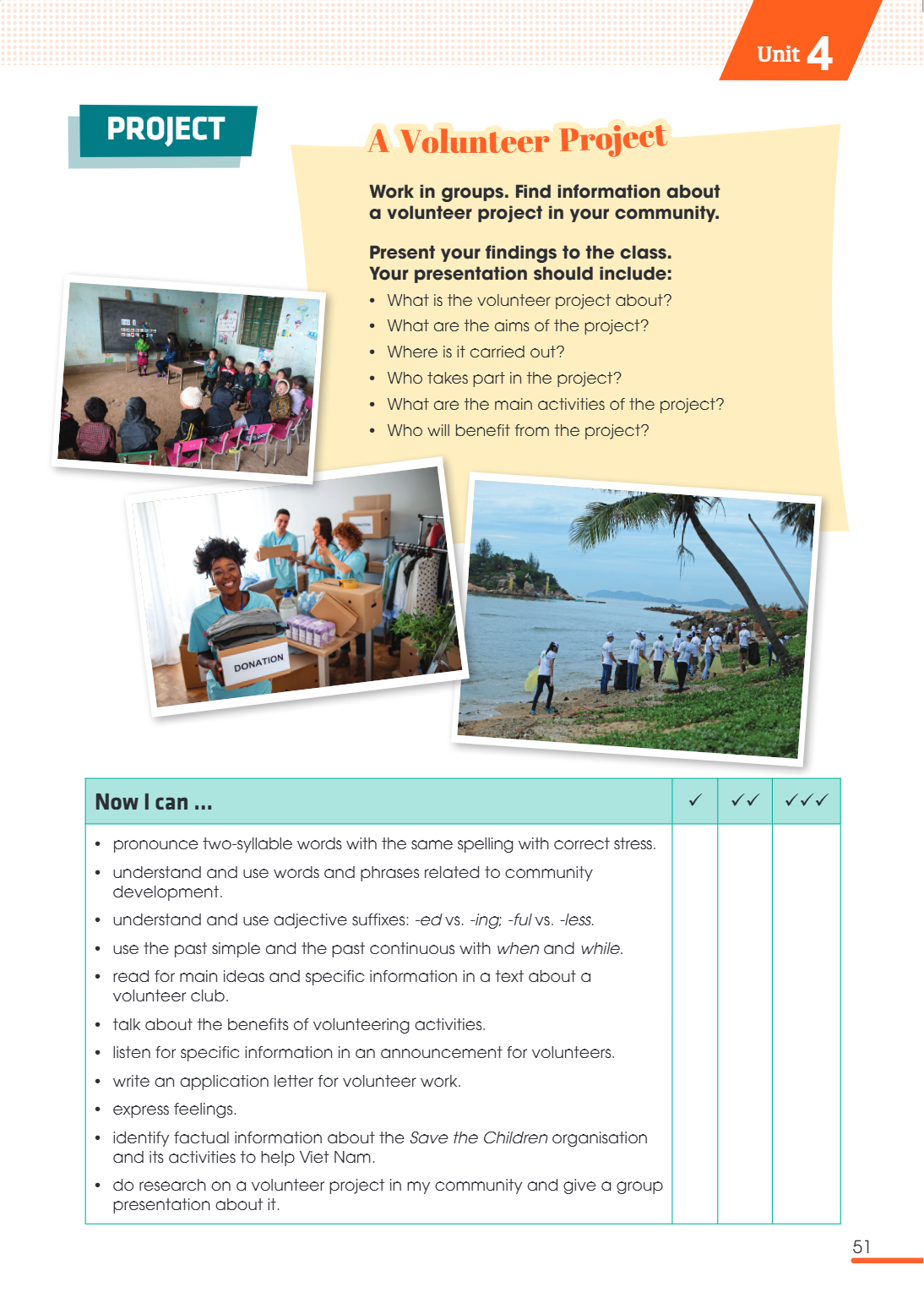 Project Volunteer Project Now can ...    I pronounce two-syllable words with the same spelling with correct stress. understand and use words and phrases r