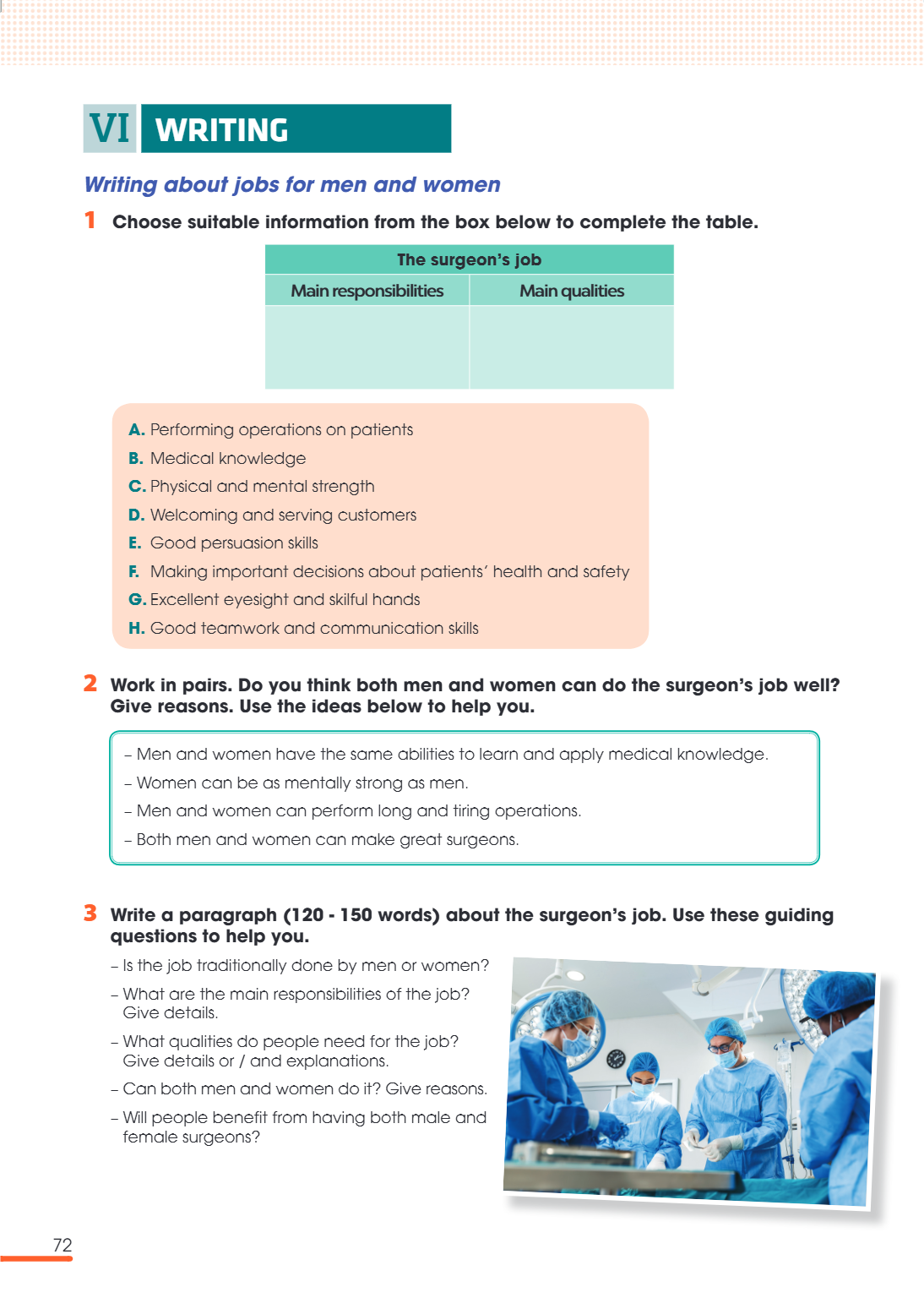 VI writing Writing about jobs for men and women 1 Choose suitable information from the box below to complete the table. The surgeon's job Main responsibilities 