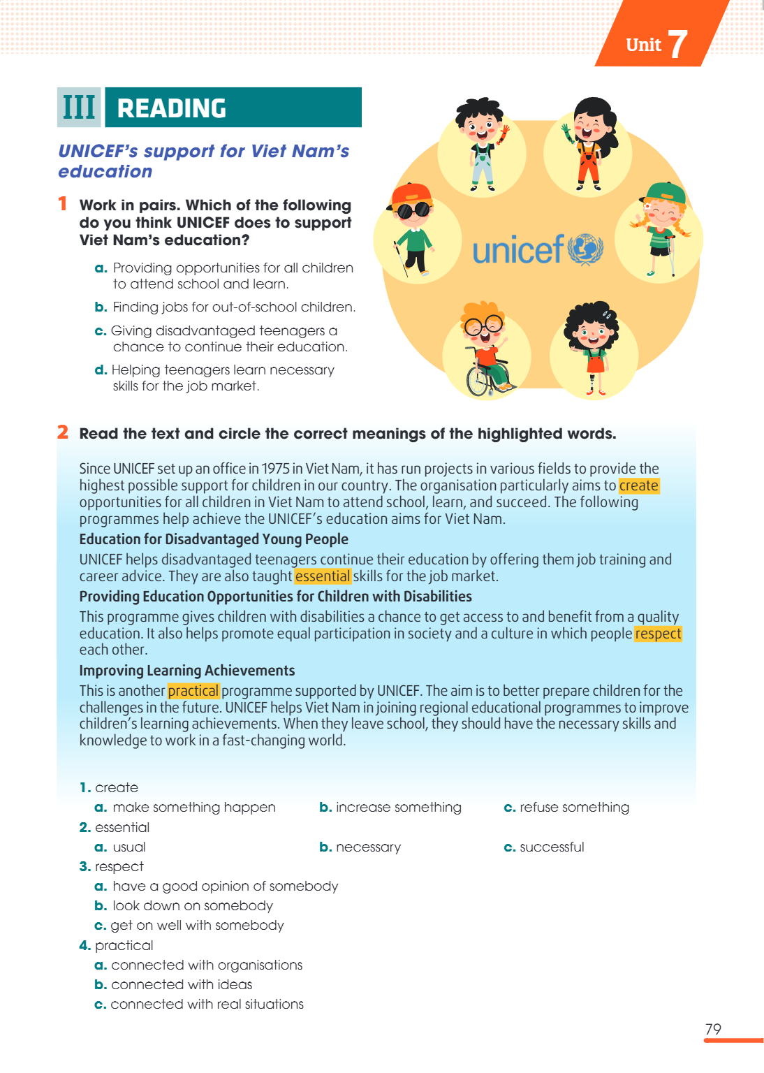 Unit 7. III READING UNICEF's support for Viet Nam's education 1 Work in pairs. Which of the following do you think UNICEF does to support Viet Nam's education? 