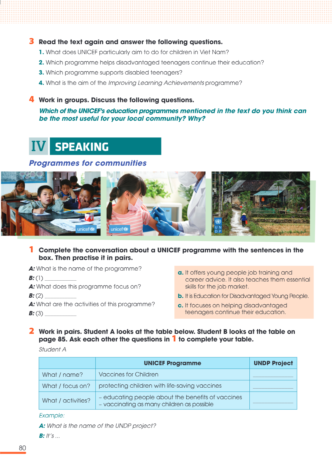 IV SPEAKING Programmes for communities 1 Complete the conversation about a UNICEF programme with the sentences in the box. Then practise it in pairs. A: What is