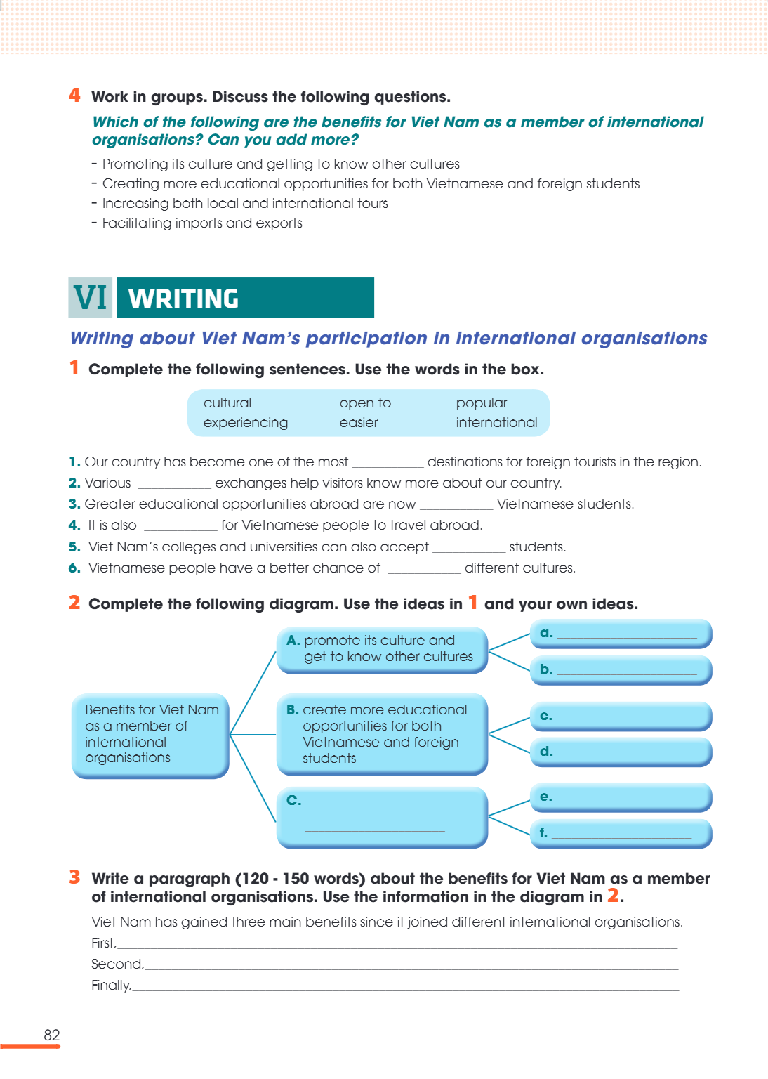 VI WRITING Writing about Viet Nam's participation in international organisations 1 Complete the following sentences. Use the words in the box. cultural | open t