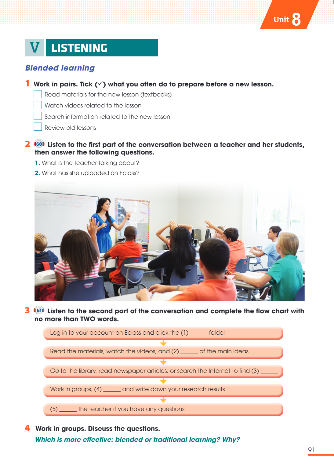 Unit8 V listening Blended learning 1 Work in pairs. Tick () what you often do to prepare before a new lesson. Read materials for the new lesson (textbooks) Wat