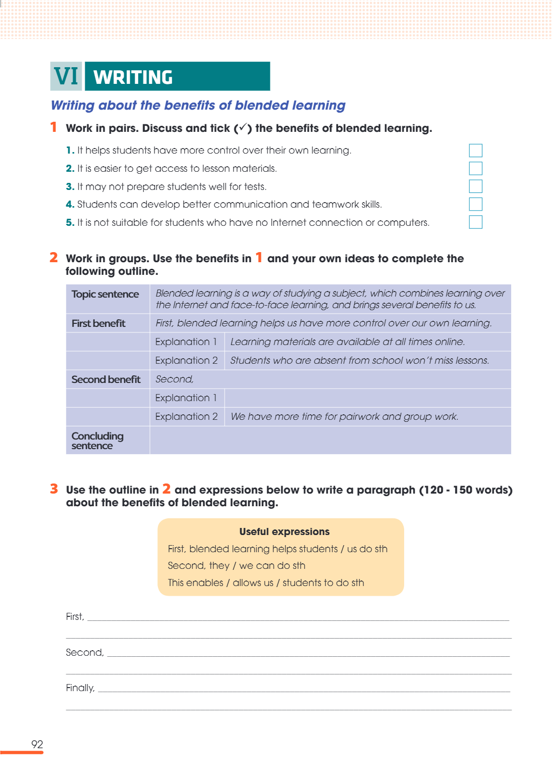 VI writing Writing about the benefits of blended learning 1 Work in pairs. Discuss and tick () the benefits of blended learning. 1. It helps students have more