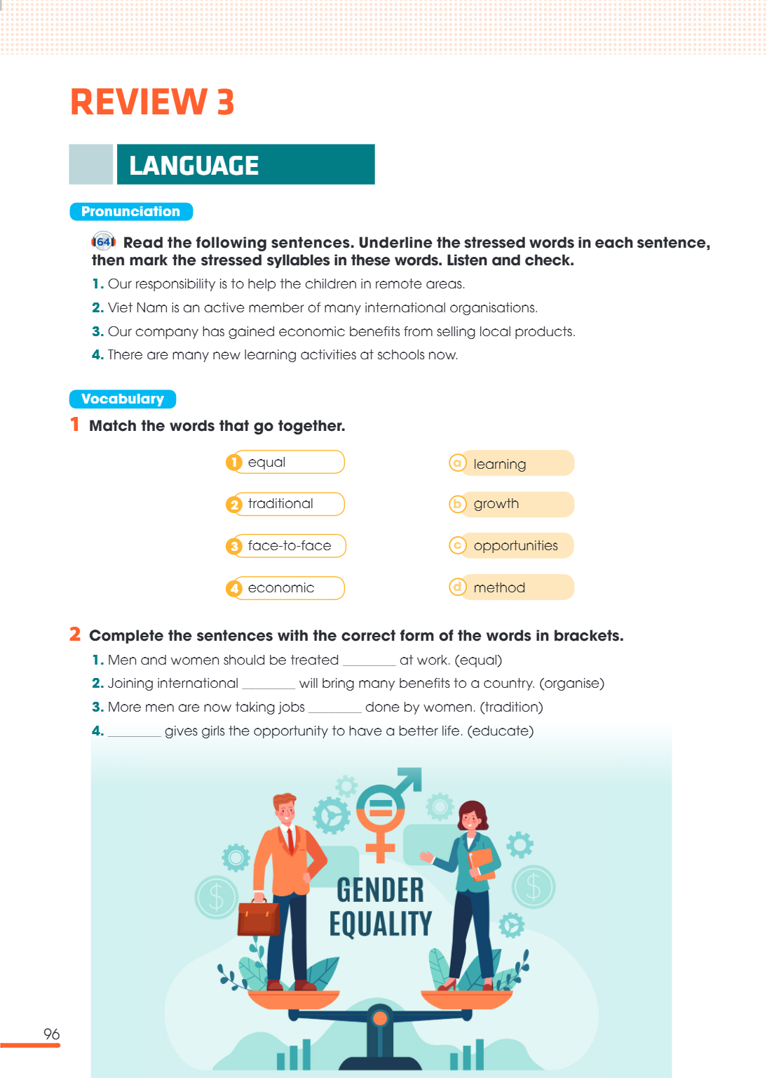 Review 3 LANGUAGE Pronunciation 1. Read the following sentences. Underline the stressed words in each sentence, then mark the stressed syllables in these words.