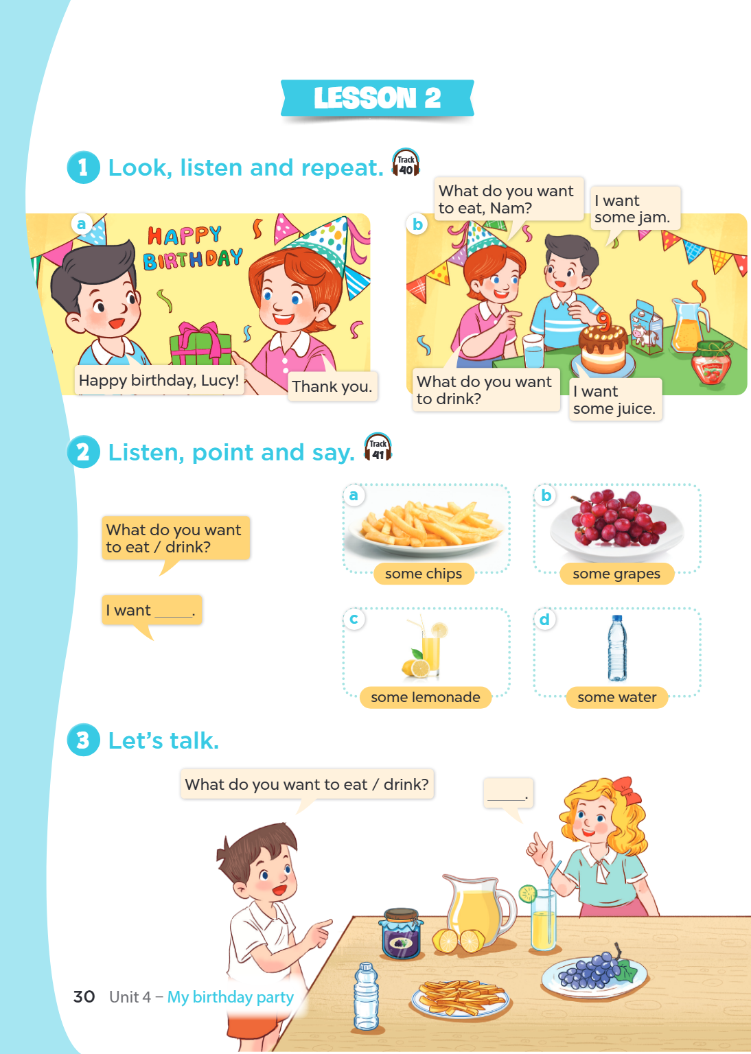 Unit 2. LESSON 2 1. Look, listen and repeat. Track 40 a) HAPPY BIRTHDAY Happy birthday, Lucy! Thank you. b) What do you want to eat, Nam? I want some jam. What 