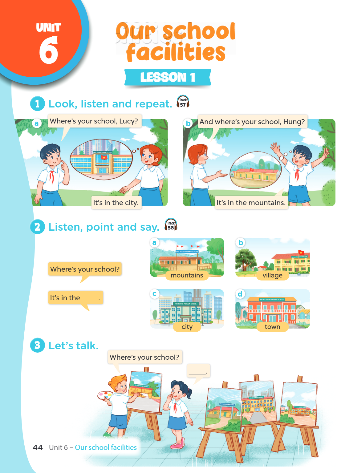 Unit 6. Our school facilities LESSON 1 1. Look, listen and repeat. a Where's your school, Lucy? It's in the city. b And where's your school, Hung? It's in the m