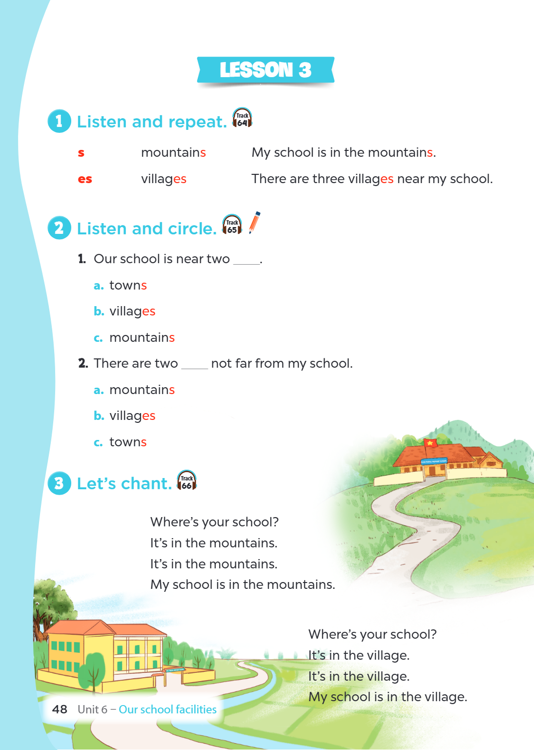 Lesson 3 1. Listen and repeat. Track 64 s, mountains, My school is in the mountains. es, villages, There are three villages near my school. 2. Listen and circle