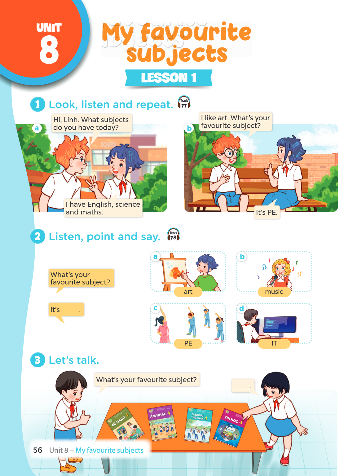 Unit 8. My favourite subjects LESSON 1 1. Look, listen and repeat. a) Hi, Linh. What subjects do you have today? I have English, science and maths. b) I like ar