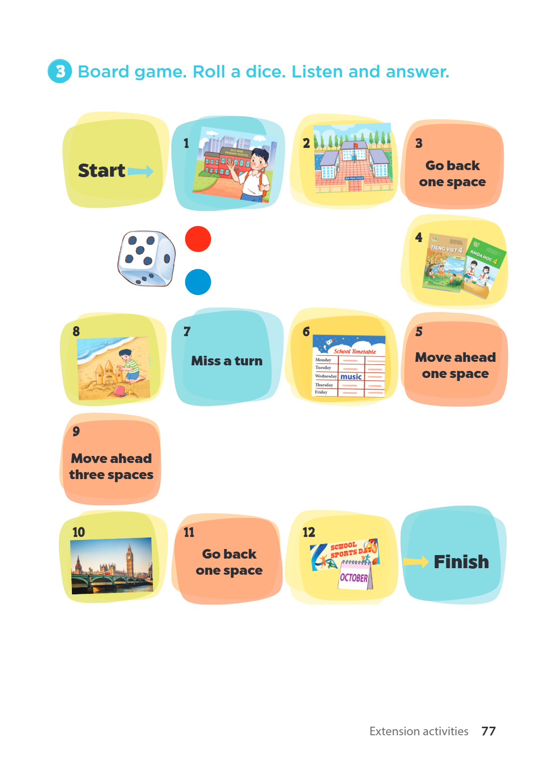 3. Board game. Roll a dice. Listen and answer. Start ➡️ 1 2 3 Go back one space 4 TIẾNG VIỆT 4 KHOA HỌC 4 8 7 Miss a turn 6 School Timetable Monday Tuesday Wedn