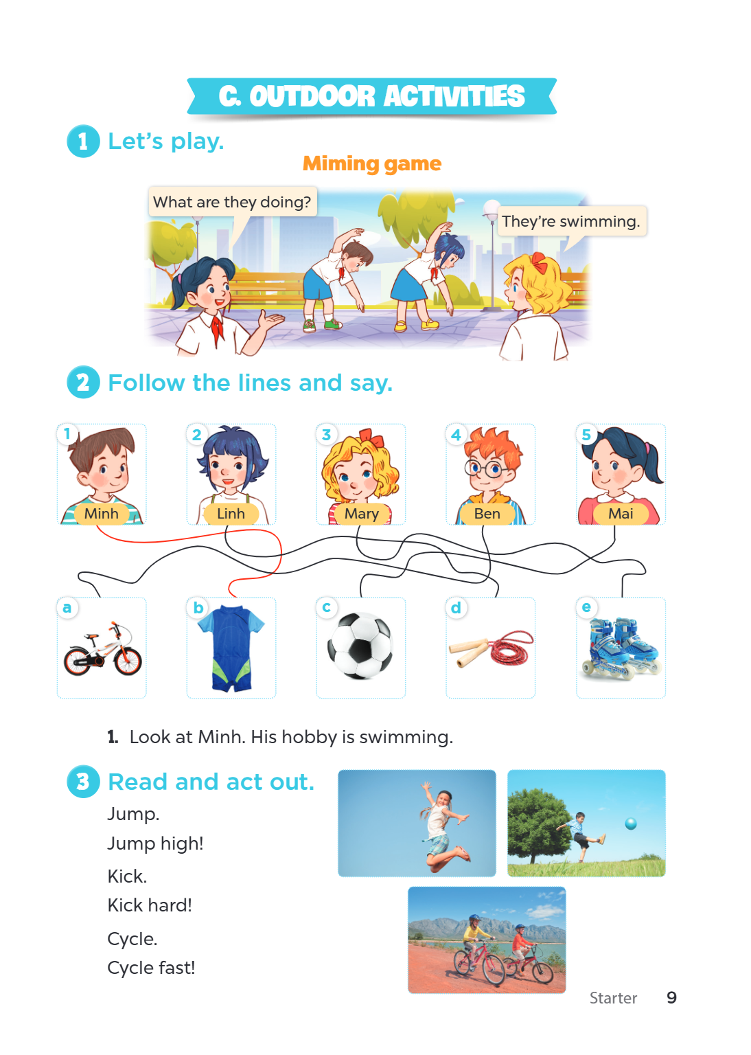 c. Outdoor activities 1 Let's play. Miming game What are they doing? They're swimming. 2 Follow the lines and say. 1 2 3 4 5 Minh Linh Mary Ben Mai a b c d e Lo