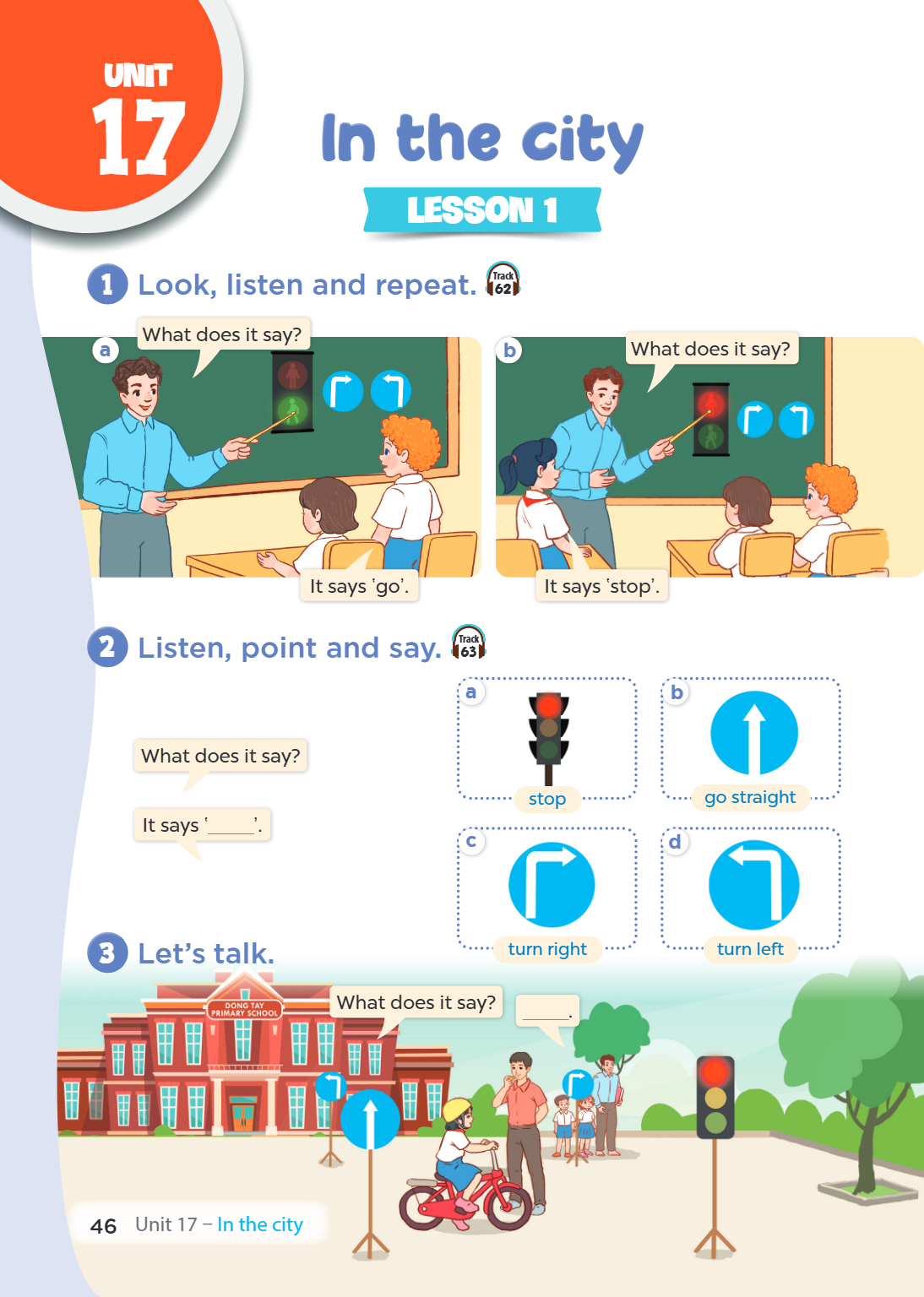 Unit 17. In the city LESSON 1 1. Look, listen and repeat. a) What does it say? It says 'go'. b) What does it say? It says 'stop'. 2. Listen, point and say. What