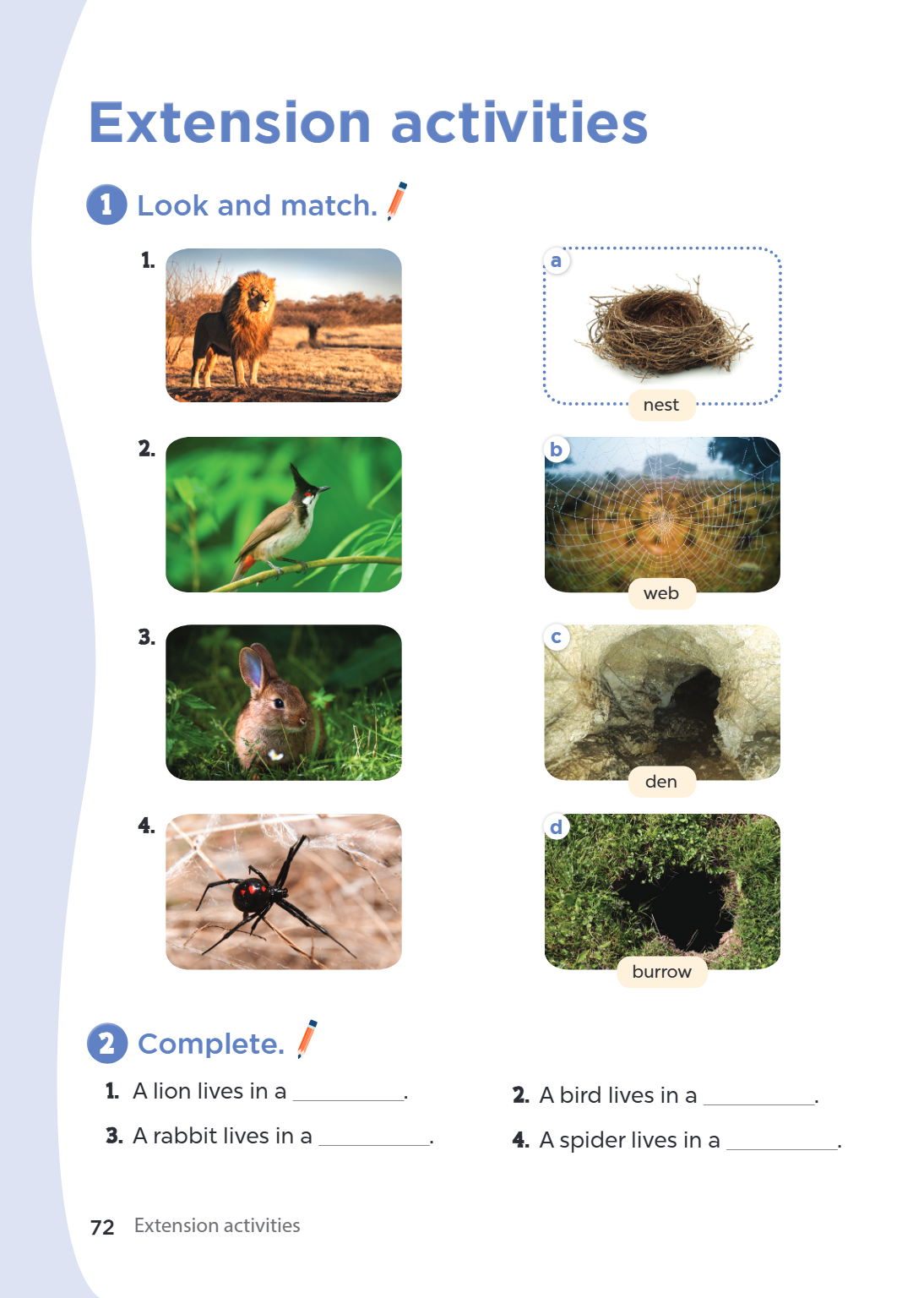 Extension activities 1. Look and match. a. nest b. web c. den d. burrow 2. Complete. A lion lives in a ____________. A bird lives in a ____________. A rabbit li